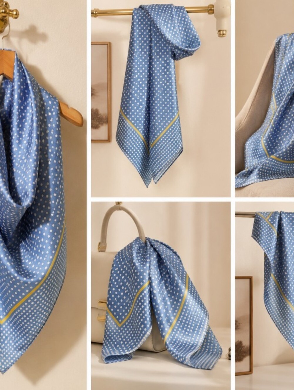 Blue Polka Dot Scarf with Yellow Trim - Picture 2 of 2